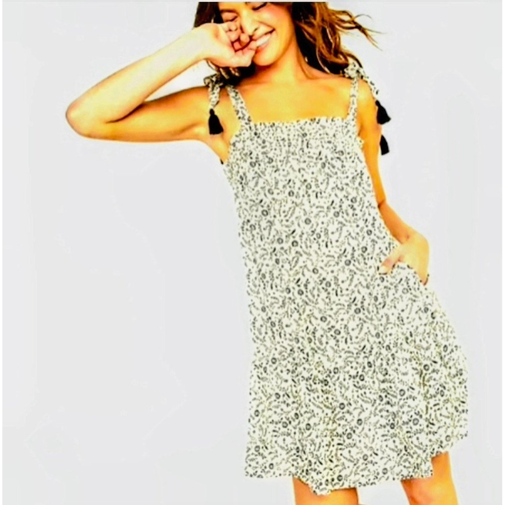 Old Navy Sundress Floral Tie Strap Pockets Summer Black White Waffle XS